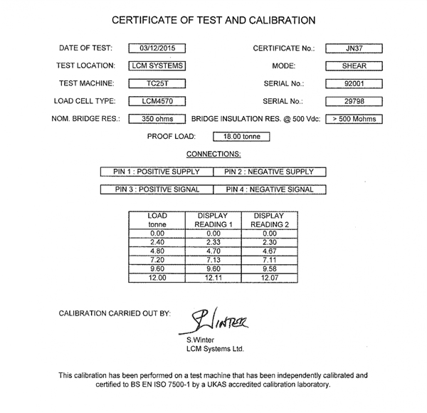 lcm4570 Manilles Dynamométriques certificat d'étalonnage
