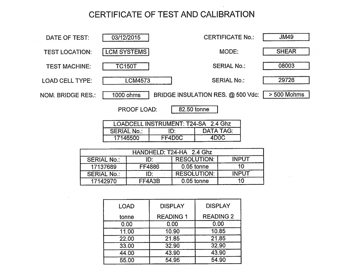 lcm4573 certificat d'étalonnage à basse température Manilles Dynamométriques