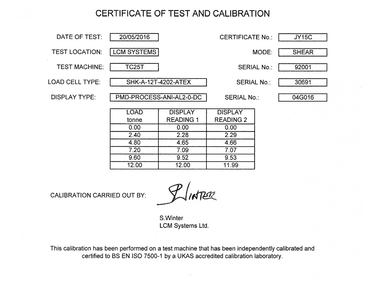 lcm4643 atex Manilles Dynamométriques certificat d'étalonnage