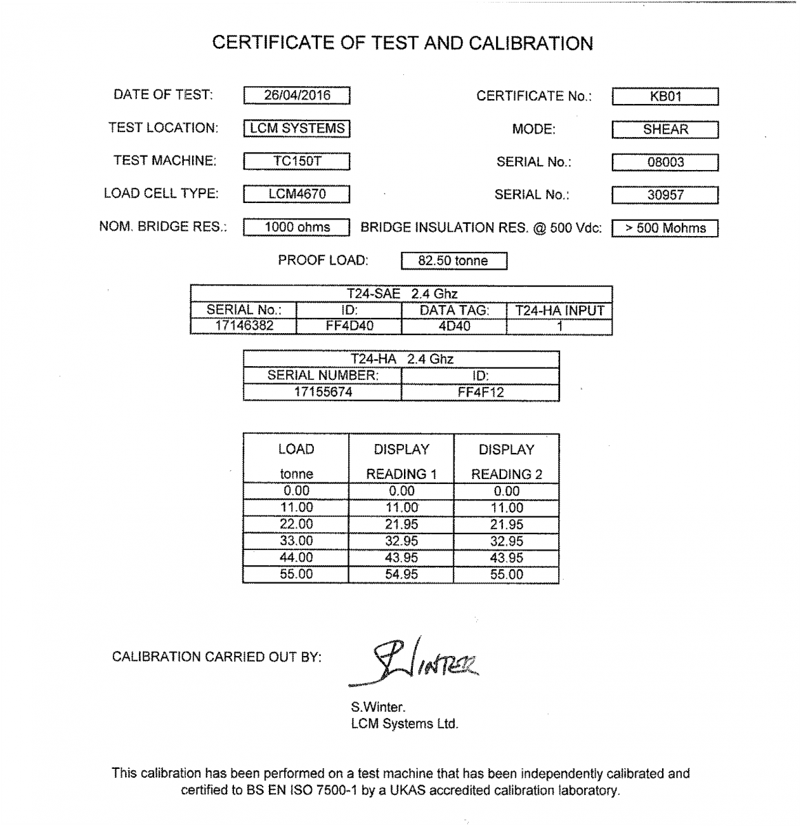 lcm4670 Manilles Dynamométriques certificat d'étalonnage